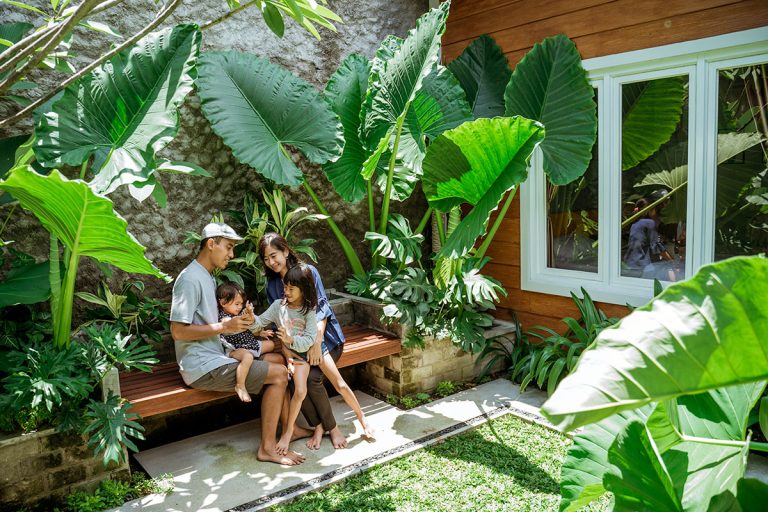 Family sitting on the patio of a tropical house surrounded by Giant Elephant Ear plants in raised garden beds.