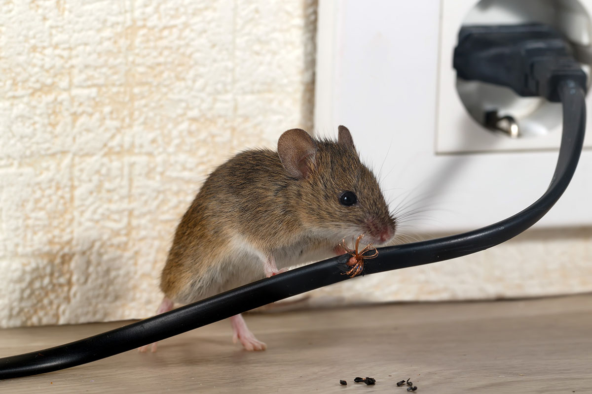 Close-up of a mouse chewing on a live electrical cable.